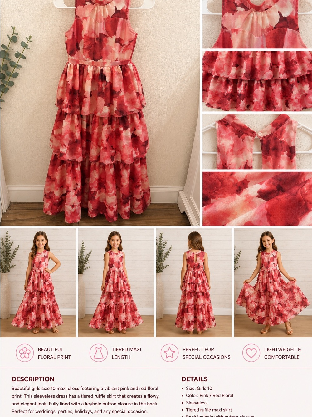 Girls Tiered Floral Maxi Dress in Pink & Red